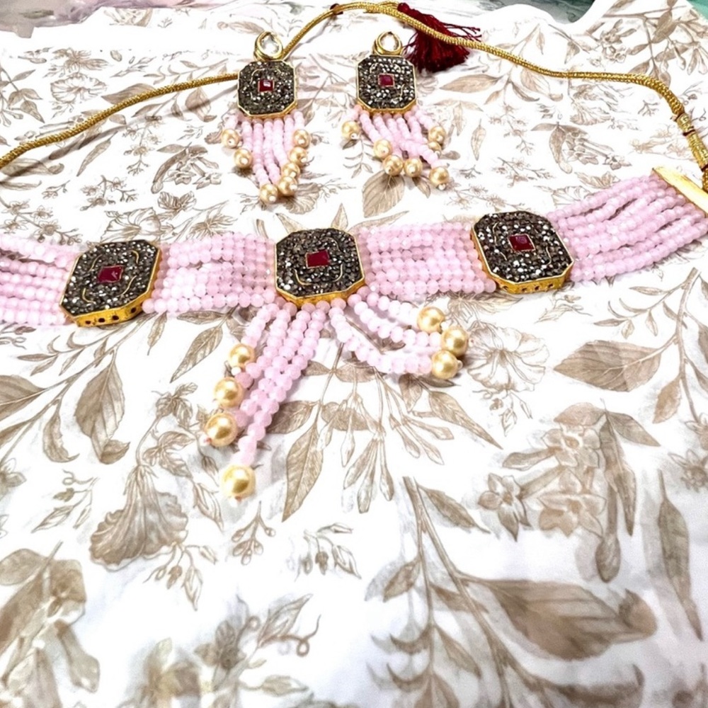 New!Indian Royalty Rose Quartz Neckpiece With Ruby embedded with grey &Diamonte